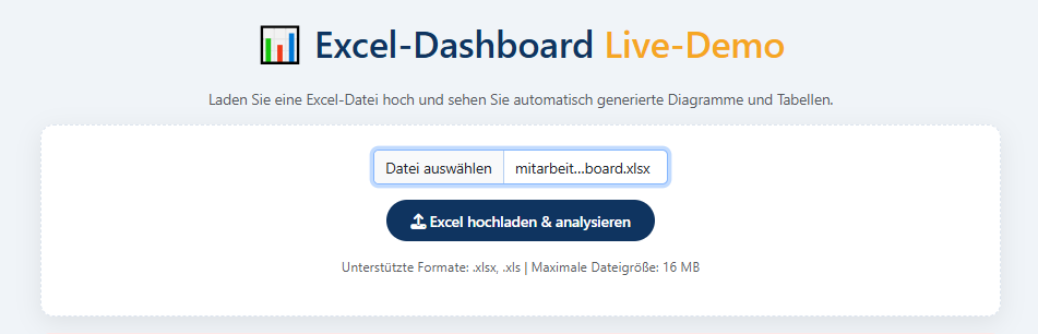 Excel-Dashboard vor dem Hochladen – leeres Formular