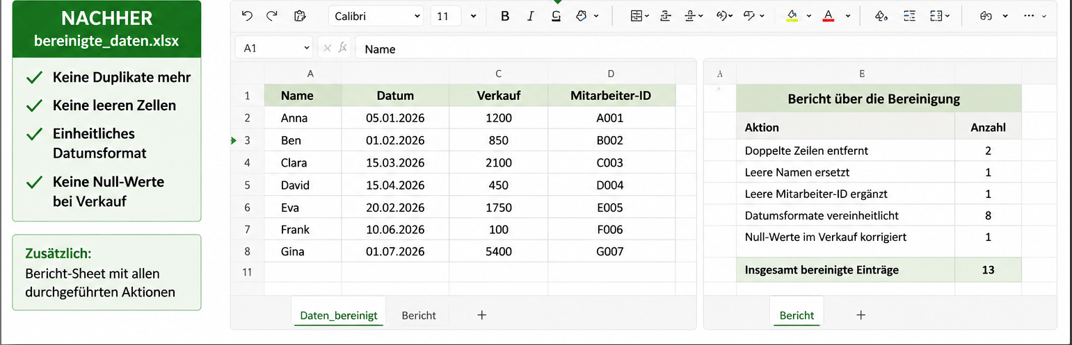 Excel-Tabelle nach der Bereinigung – sauber, einheitlich und fehlerfrei