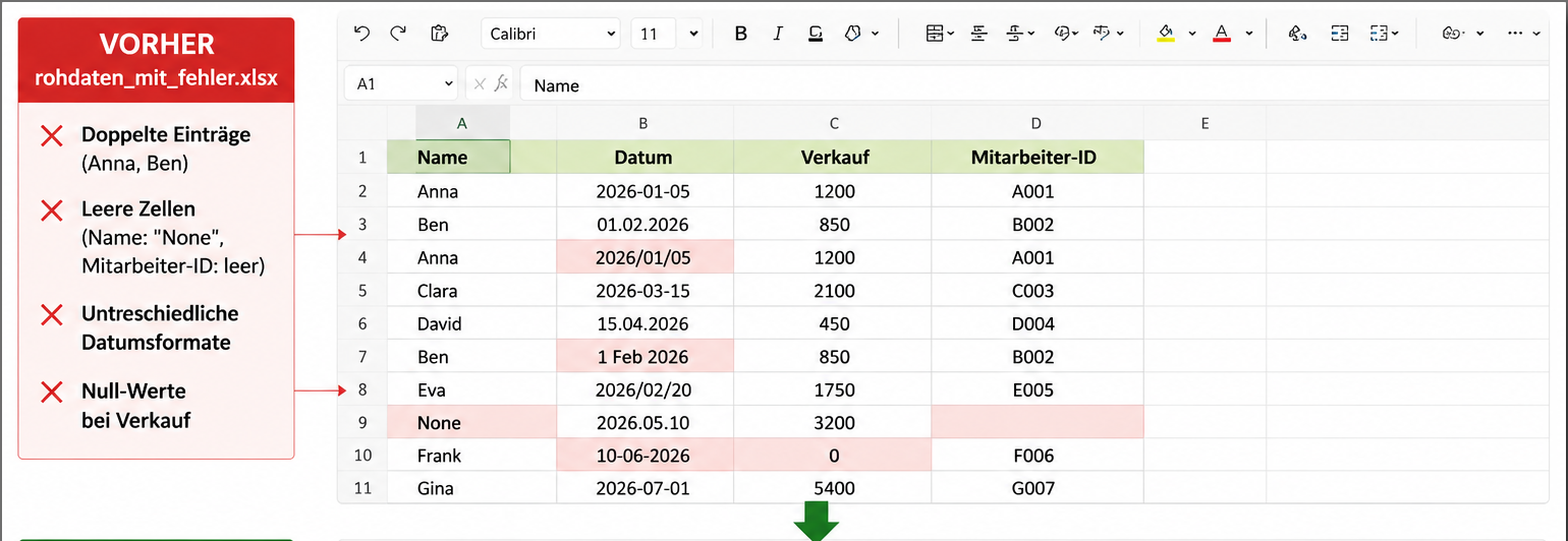 Excel-Tabelle vor der Bereinigung – mit Duplikaten, leeren Zellen und falschen Datumsformaten