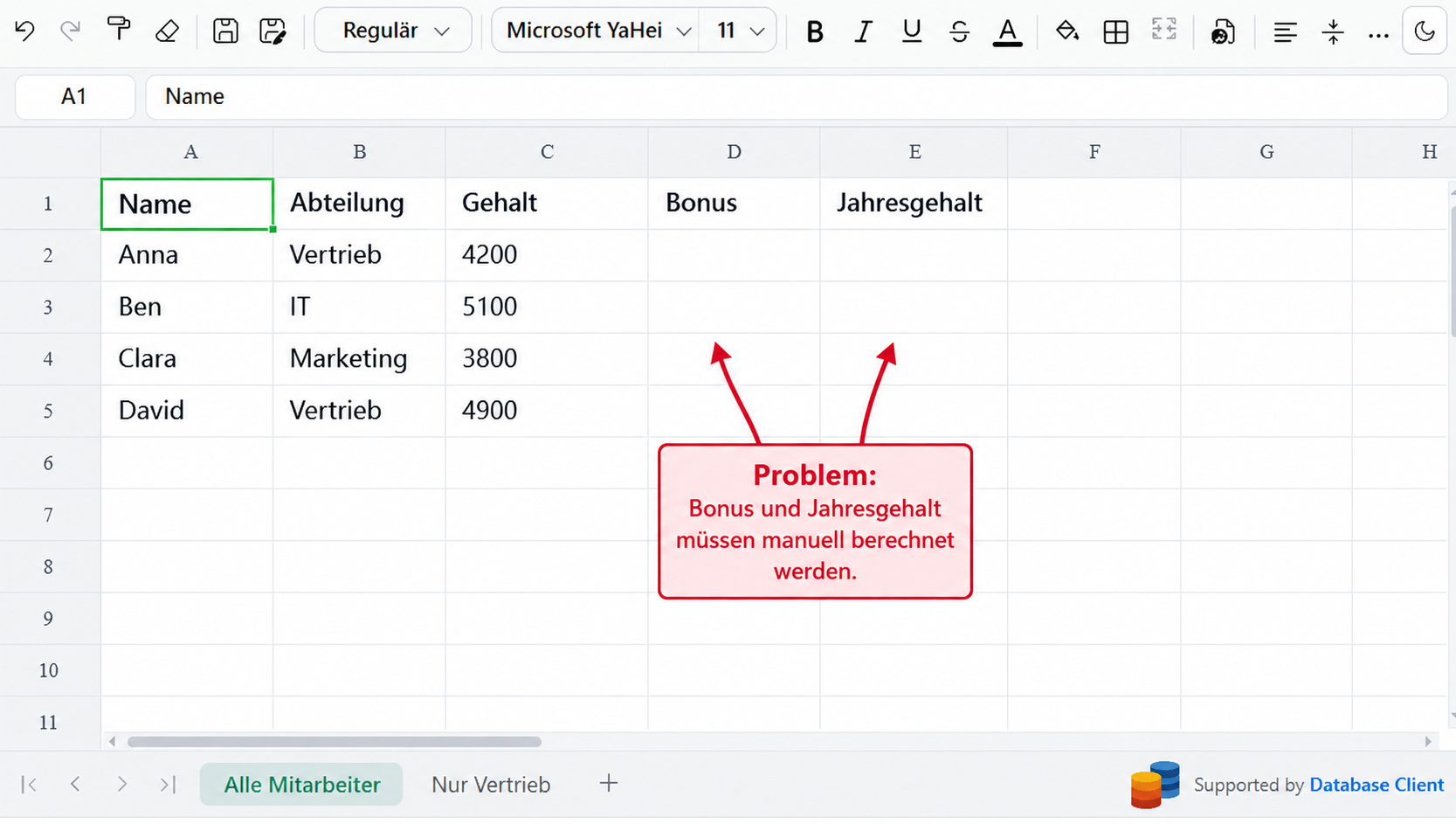 Excel-Tabelle vor der Automatisierung – Bonus und Jahresgehalt fehlen