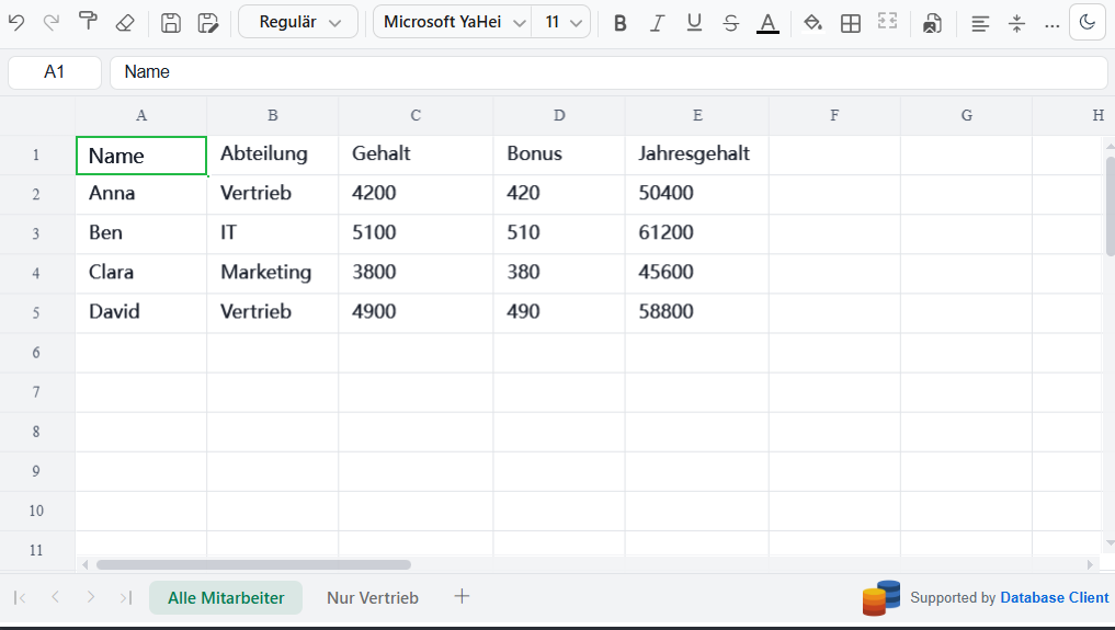 Excel-Tabelle nach der Automatisierung – Bonus und Jahresgehalt sind berechnet